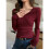 Womens V Neck Wrap Ruched Side Button Long Sleeve Top Red L 3