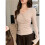 Womens V Neck Wrap Ruched Side Button Long Sleeve Top Oat M 2