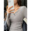 Womens V Neck Wrap Ruched Side Button Long Sleeve Top Gray M 4