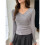 Womens V Neck Wrap Ruched Side Button Long Sleeve Top Gray XL 2