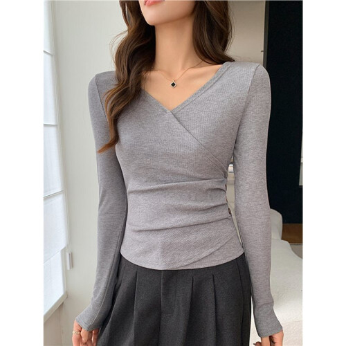 Womens V Neck Wrap Ruched Side Button Long Sleeve Top Gray M 2
