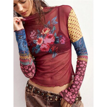 Vintage-Mischdruck-Mesh-Slim-Fit-Rüschensaum-Langarm-Design-Oberteil für Frauen Weinrot L