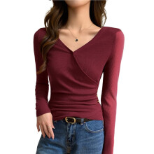 Damen V-Ausschnitt Wickel-Raffung Seitlicher Knopf Langarmoberteil Rot XL