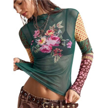 Vintage-Mischdruck-Mesh-Slim-Fit-Rüschensaum-Langarm-Design-Oberteil für Frauen Dunkelgrün L