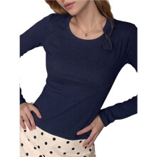 Damen Scoop Neck Slim Fit Langarm Basic Thermounterhemd Marineblau M