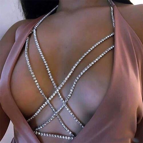 (Gold)Corrente corporal feminina em prata e ouro com design de galvanoplastia e strass 1