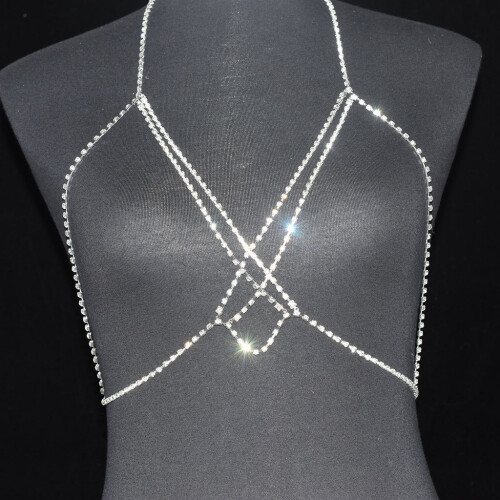 (Silver)Corrente corporal feminina em prata e ouro com design de galvanoplastia e strass