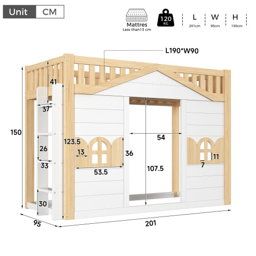 HOMAIRE Children's Loft Bed 90x190cm White 1