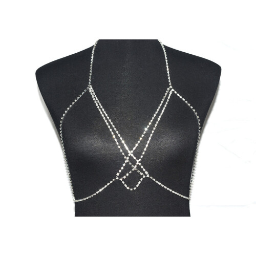 (Silver)Corrente corporal feminina em prata e ouro com design de galvanoplastia e strass 2