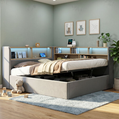HOMAIRE Grey Velvet L-Shaped Storage Bed 4FT6 1