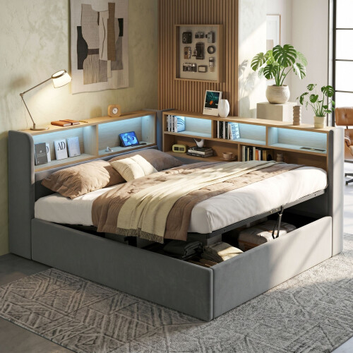 HOMAIRE Grey Velvet L-Shaped Storage Bed 4FT6 2