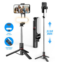 Palo selfie telescópico con trípode - RNCYN - 3 en 1 - Luz LED desmontable - Control remoto Bluetooth - Plegable