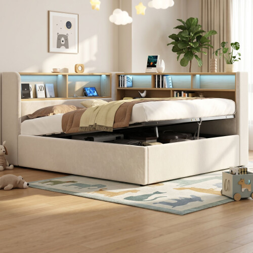 HOMAIRE L-Shaped Velvet Storage Bed Beige 2