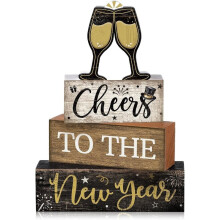 4 Pcs New Year Wooden Block Signs Farmhouse Table Centerpiece Rustic Tiered Tray for Shelf Kitchen Bathroom