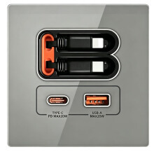 Prise Murale Intelligente Universelle à Charge Rapide 20 W avec USB-C/USB-A et Câble de Charge, en Verre Trempé.