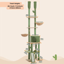 Arbre à chat Cactus, Tour de chat du sol au plafond réglable, Vert, Bois, avec hamac et poteau de grattage en sisal, Taille L
