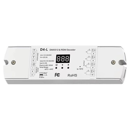 4CH Constant Voltage DMX512 RDM Decoder D4 DIM/CCT/RGB/RGBW DMX512 Dimmer Din Rail Mounted 4 Channel Dimming Controller