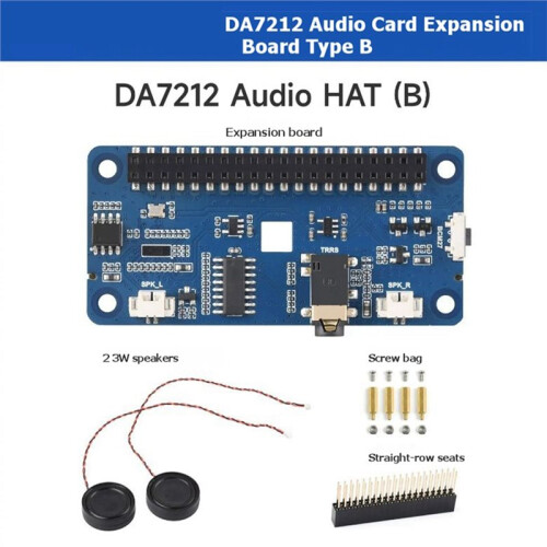 Waveshare DA7212 HAT Audio I2S di Tipo B per Raspberry Pi, Codifica/Decodifica Audio Stereo, Connettori per Altoparlanti Integrati, Chip EEPROM. 1