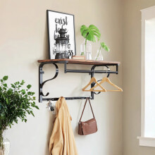 Industrial Coat Rack - Metal and Wood - Rustic Brown and Black - Wall Mounted with Shelf and 5 Hooks