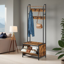 Industrial Hall Tree - Wood and Metal - Rustic Brown and Black - Bench with Shoe Storage, 7 Hooks, and Shelf