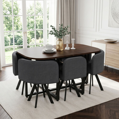 HOMAIRE Walnut Dining Set with 6 Gray Chairs 2