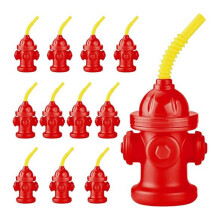 12PCS Fire Hydrant Cups with Lids Straws, 10oz Plastic Party Favors for Firefighter Birthday Decorations