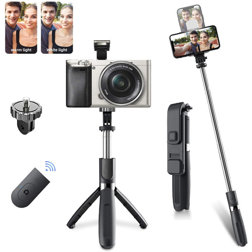 Perche à selfie trépied avec éclairage d'appoint - RNCYN - Télécommande Bluetooth détachable - Format compact 1