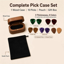 Guitar Pick Case Set with 2 Wood Picks + 8 Celluloid Picks, Guitar Music Accessories Gifts for Guitar Lover Player