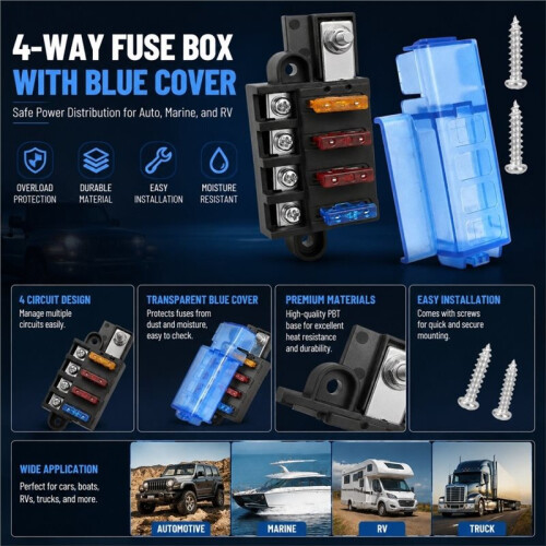 1set 4-Way Blade Fuse Block (with  Cover) -1-Input/4-Output  Power Distribution Solution, Suitable for RVs, Trucks 1