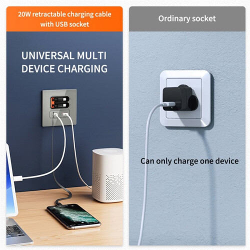 Universal 20W Fast Charging  Socket Type-C/USB-A  with Charging ,Tempered Glass Wall Socket with 20W Port 2