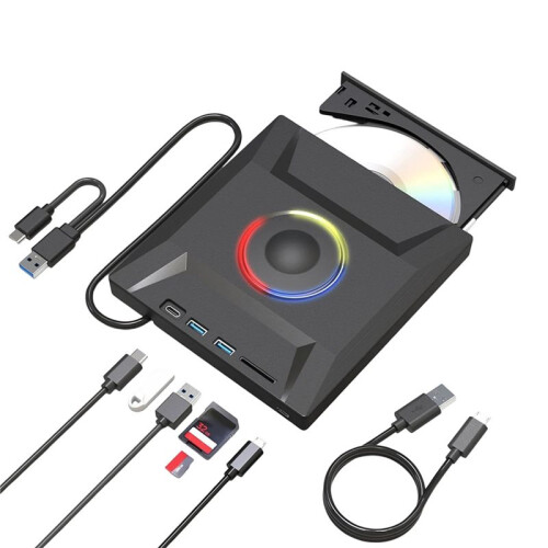 External CD DVD Drive USB 3.0 Type-C Disc Reader Burner Player with USB Hub & Card Slots 1