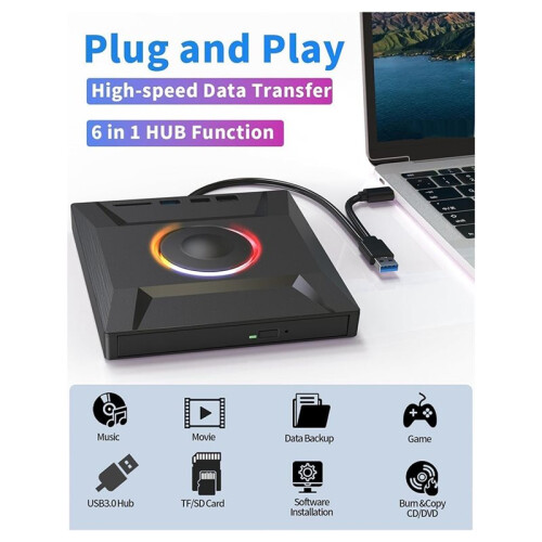 External CD DVD Drive USB 3.0 Type-C Disc Reader Burner Player with USB Hub & Card Slots 2
