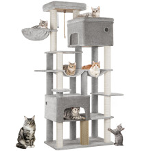 Arbre Ă chat 9 niveaux pour grands chats, Gris, 78x50x200 cm, avec 2 grottes, 2 hamacs et 10 poteaux en sisal