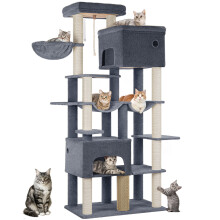 Arbre à chat 9 étages, Gris foncé, 78x50x200 cm, avec 2 grottes, 2 hamacs et 10 poteaux en sisal pour grands chats