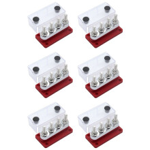 6X 600A Bus Bar 4-Stud (3/8 Inch) M10 High Current Copper Busbar Terminal Block Marine 12V 24V 48V with Cover(Red)