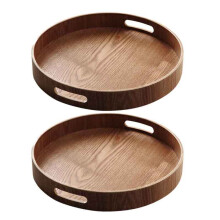 2x Round Serving Bamboo Wooden Tray for Dinner Trays Tea Bar Breakfast Food Container Handle Storage Tray 3 & 1