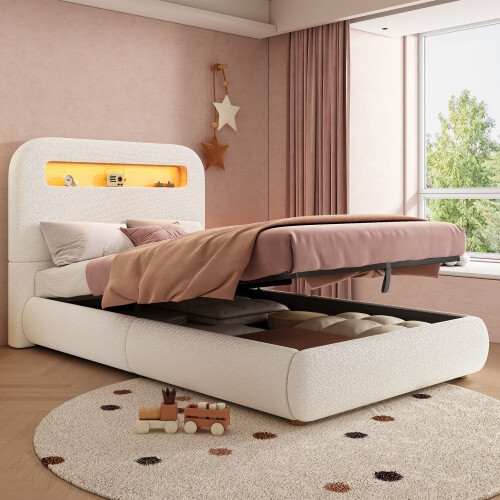 HOMAIRE White Bouclé Single Bed with Storage 2