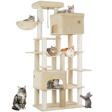 Hzuaneri Arbre à Chat 9 Niveaux Beige, 78x50x200 cm, avec 10 Griffoirs et 2 Cavernes pour Grands Chats