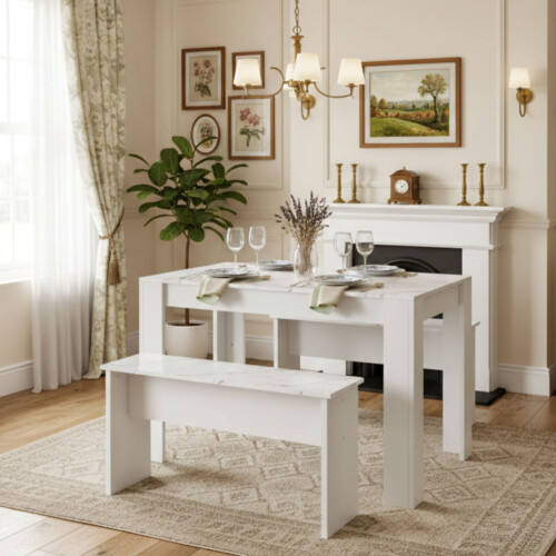 HOMAIRE White Dining Table Set with Benches 2