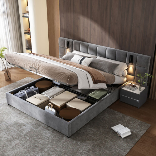 HOMAIRE King Size Upholstered Bed Grey Velvet 2