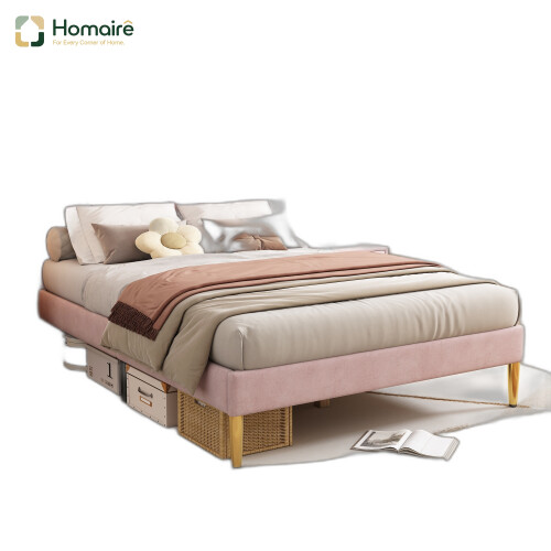 HOMAIRE Pink Velvet Double Bed with Adjustable