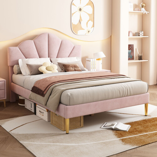 HOMAIRE Pink Velvet Double Bed with Adjustable 2