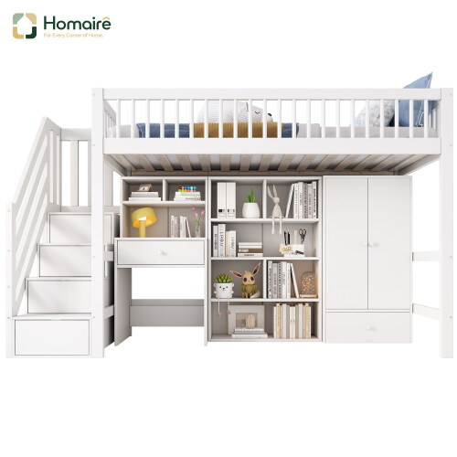 HOMAIRE Kids Study Bed with Desk & Storage White