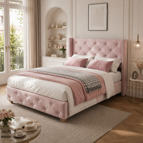 HOMAIRE Pink Velvet Single Upholstered Bed 3ft 1