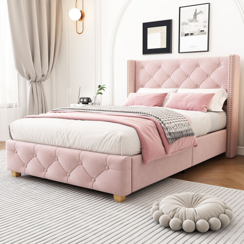 HOMAIRE Pink Velvet Single Upholstered Bed 3ft 2