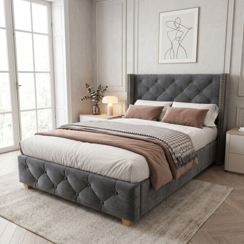 HOMAIRE Grey Velvet Single Upholstered Bed 3ft 1