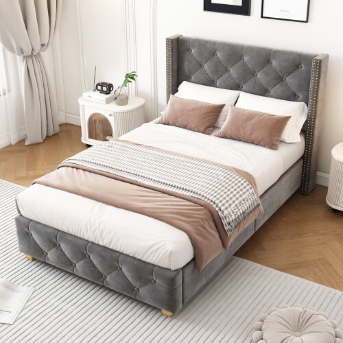 HOMAIRE Grey Velvet Single Upholstered Bed 3ft 2