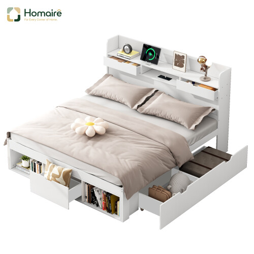 HOMAIRE White Double Bed with USB & Storage