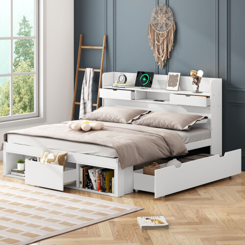 HOMAIRE White Double Bed with USB & Storage 2