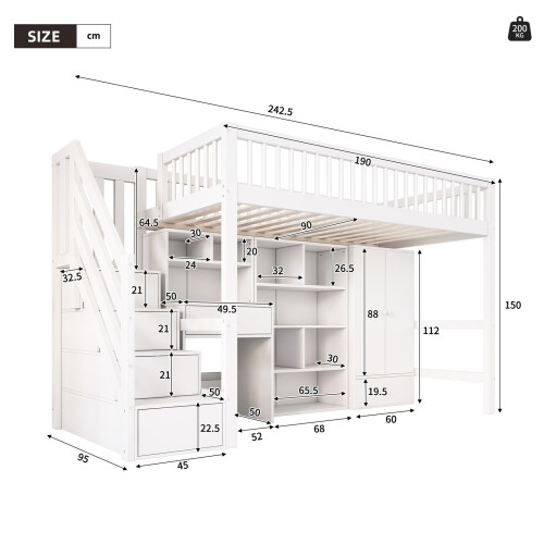 HOMAIRE Kids Study Bed with Desk & Storage White 1